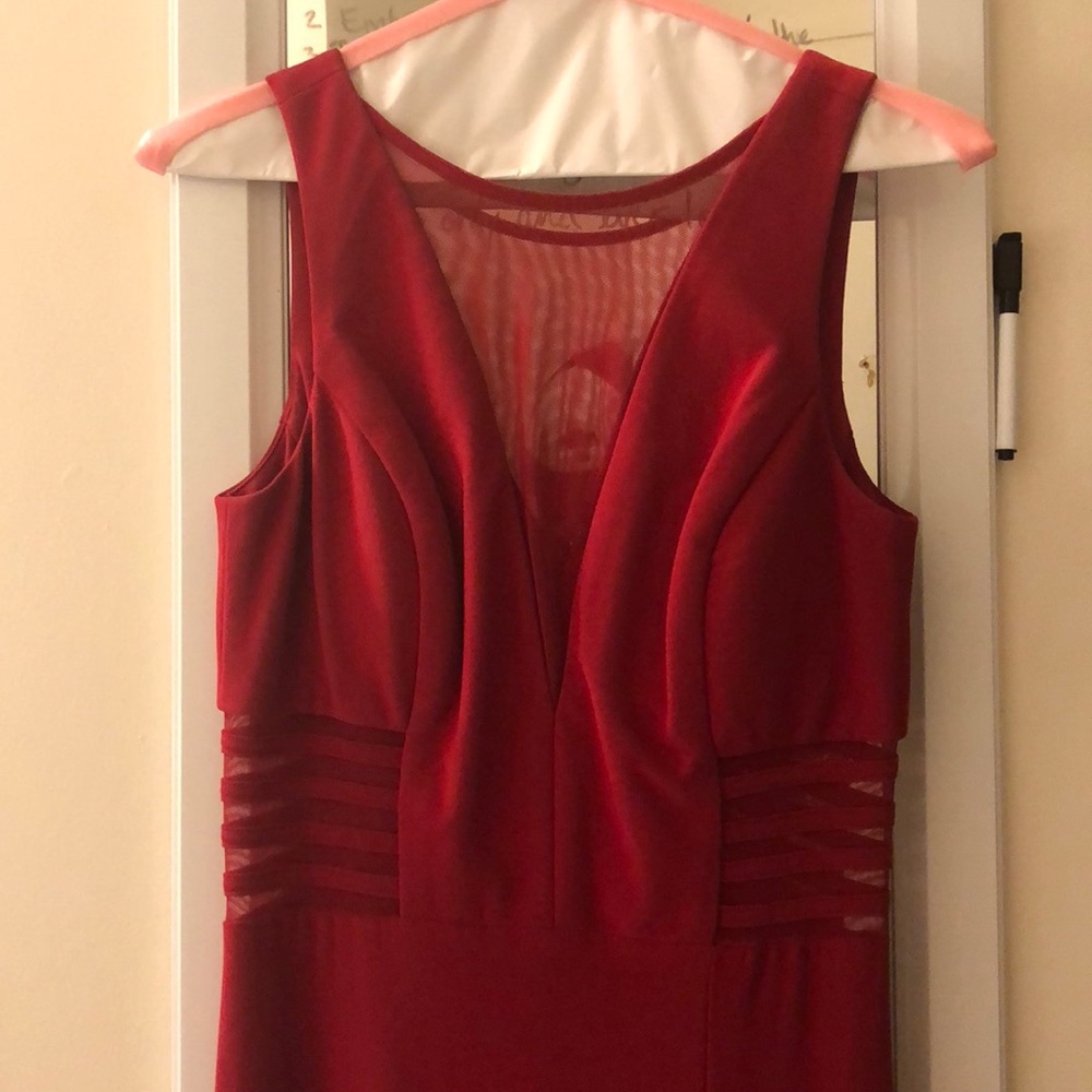Gorgeous floor-length red gown with mesh detail